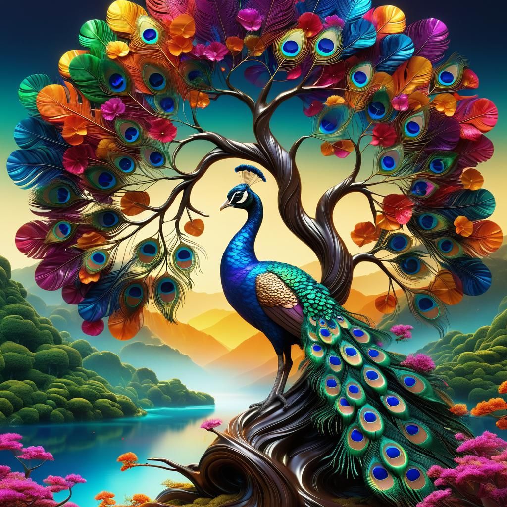Peacock Feather Tree in Iridescent Kintsugi Style