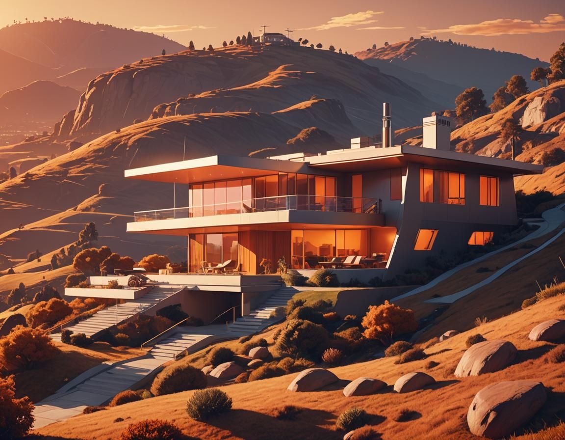 Retro-Futuristic House at Sunset: Digital Matte Painting