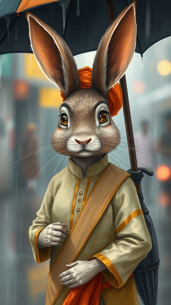 Rabbit Man in Rain, Indian Attire, Digital Art