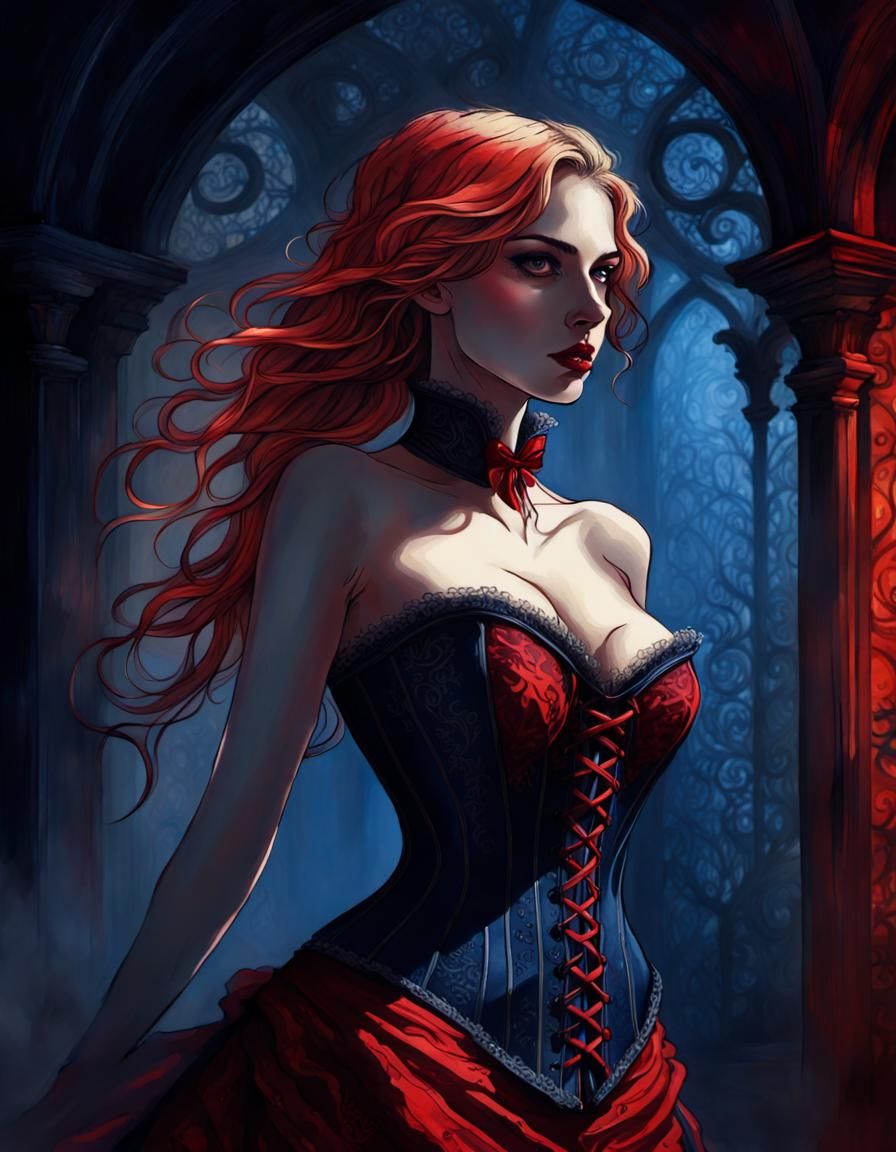 Shadowblack Figure in Red Corset: Dark Fantasy Art