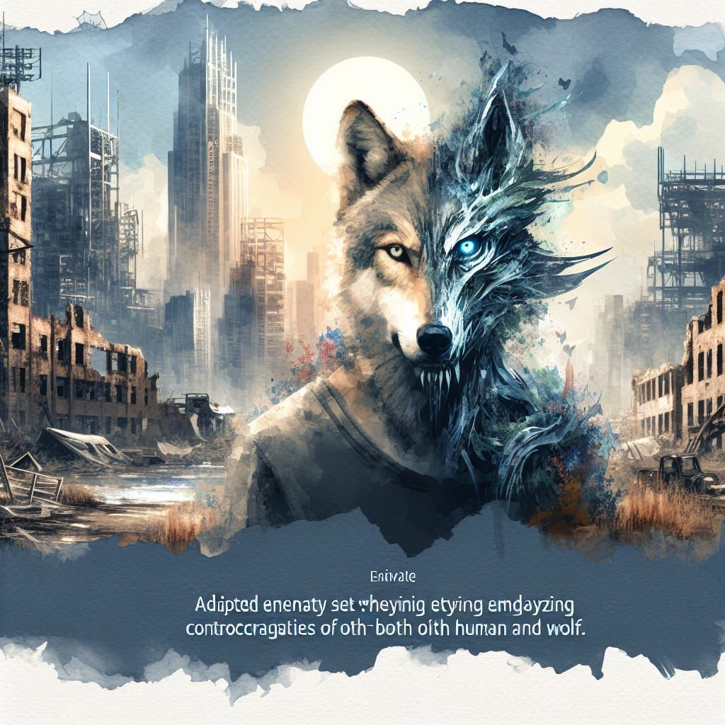 Post-Apocalyptic Man-Wolf Hybrid in Watercolor Style