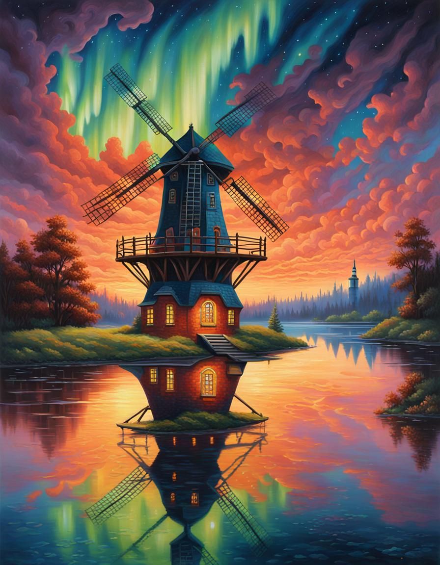 Ornate Windmill and Northern Lights, Oil Painting