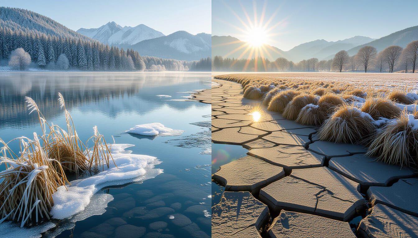 Frozen Lake Meets Arid Riverbed: Hyperrealistic Collage