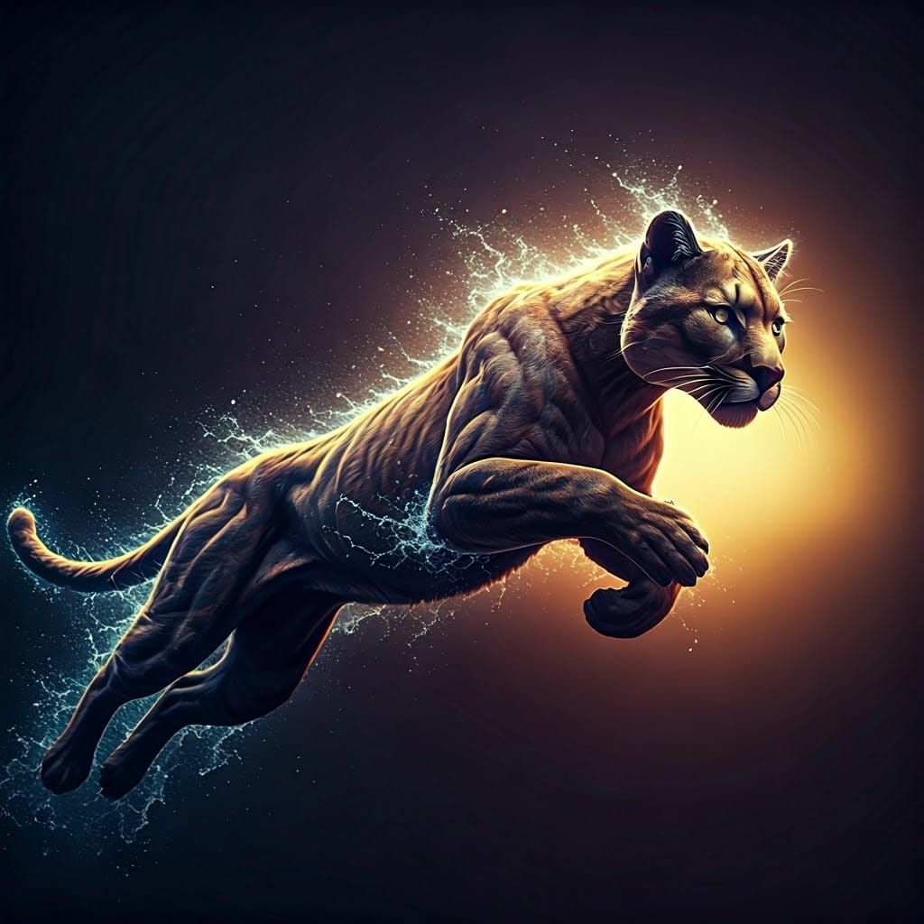 Hyper-Realistic Puma in Mid-Leap, Sculpted by Wind-Blown Wat...