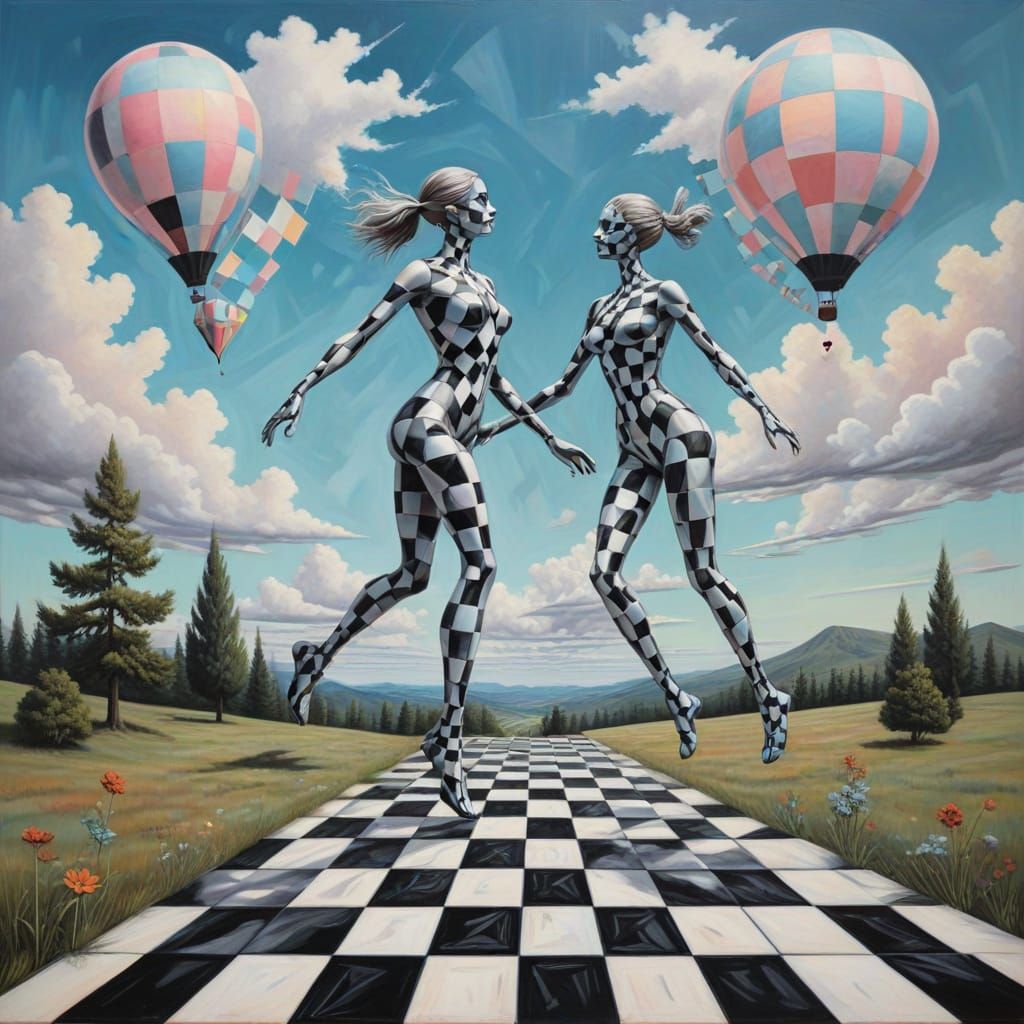 Dadaist Landscape with Checkered Figures in Mixed Media