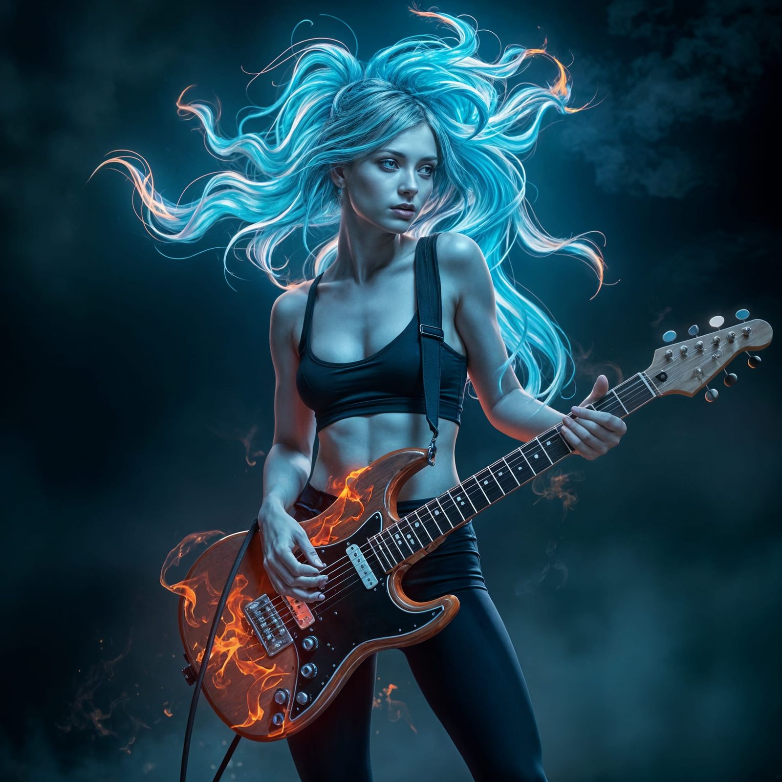 Ember McLain, hair made of blue fire, poney tail made of blue fire, ghostly pale, wearing a sports bra and yoga pants, h...