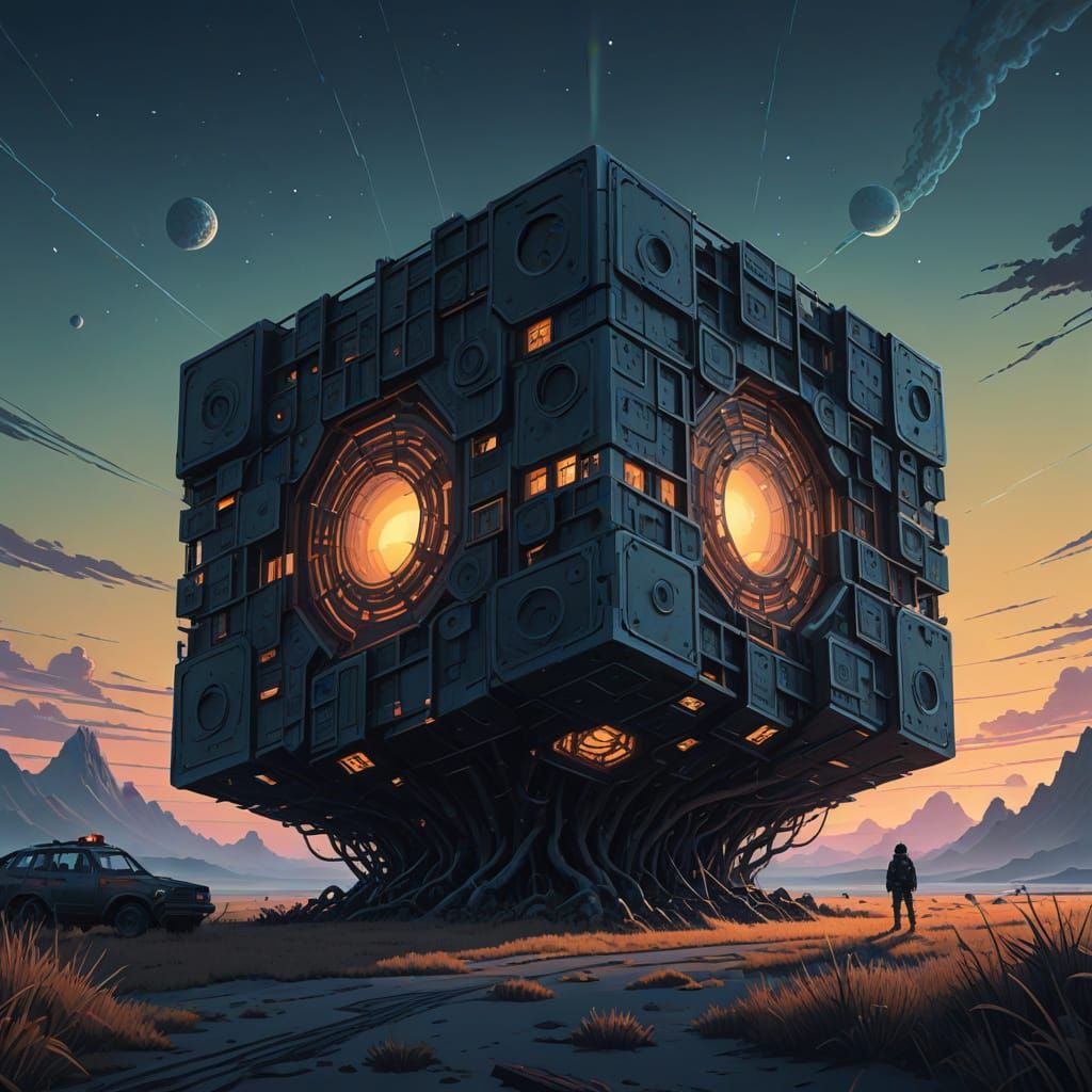 Ethereal Metallic Cube in a Swirling Industrial Atmosphere