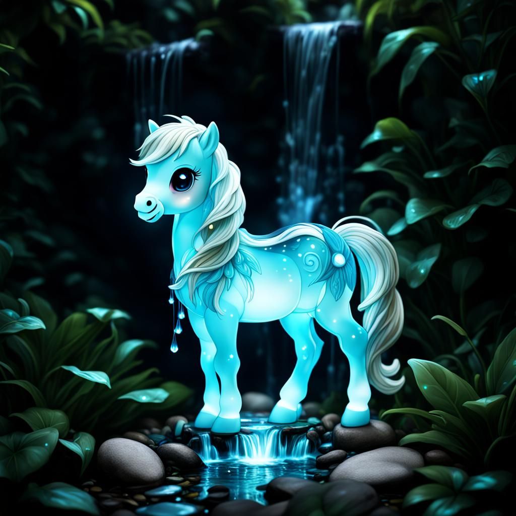 Bioluminescent Chibi Pony by Waterfall in Magical Garden