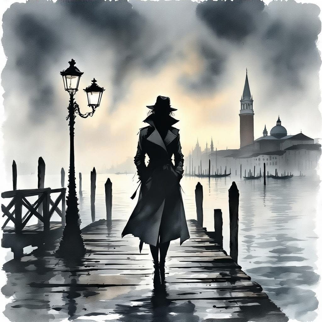 Mysterious Woman on Foggy Venetian Pier at Dawn in Atmospher...