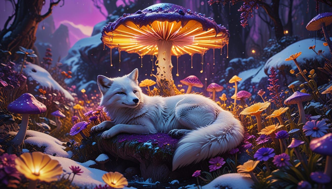 Surreal Arctic Fox in a Vibrant Neon Garden