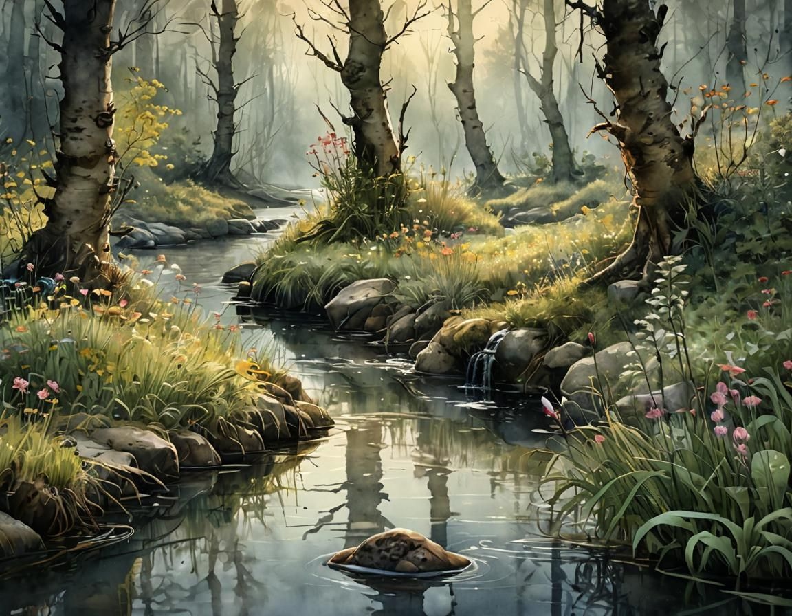 Spring Forest River: Watercolor and Ink Fantasy