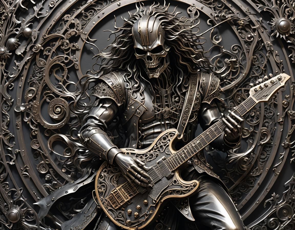 Detailed Metal Sculpture of Heavy Metal Guitarist