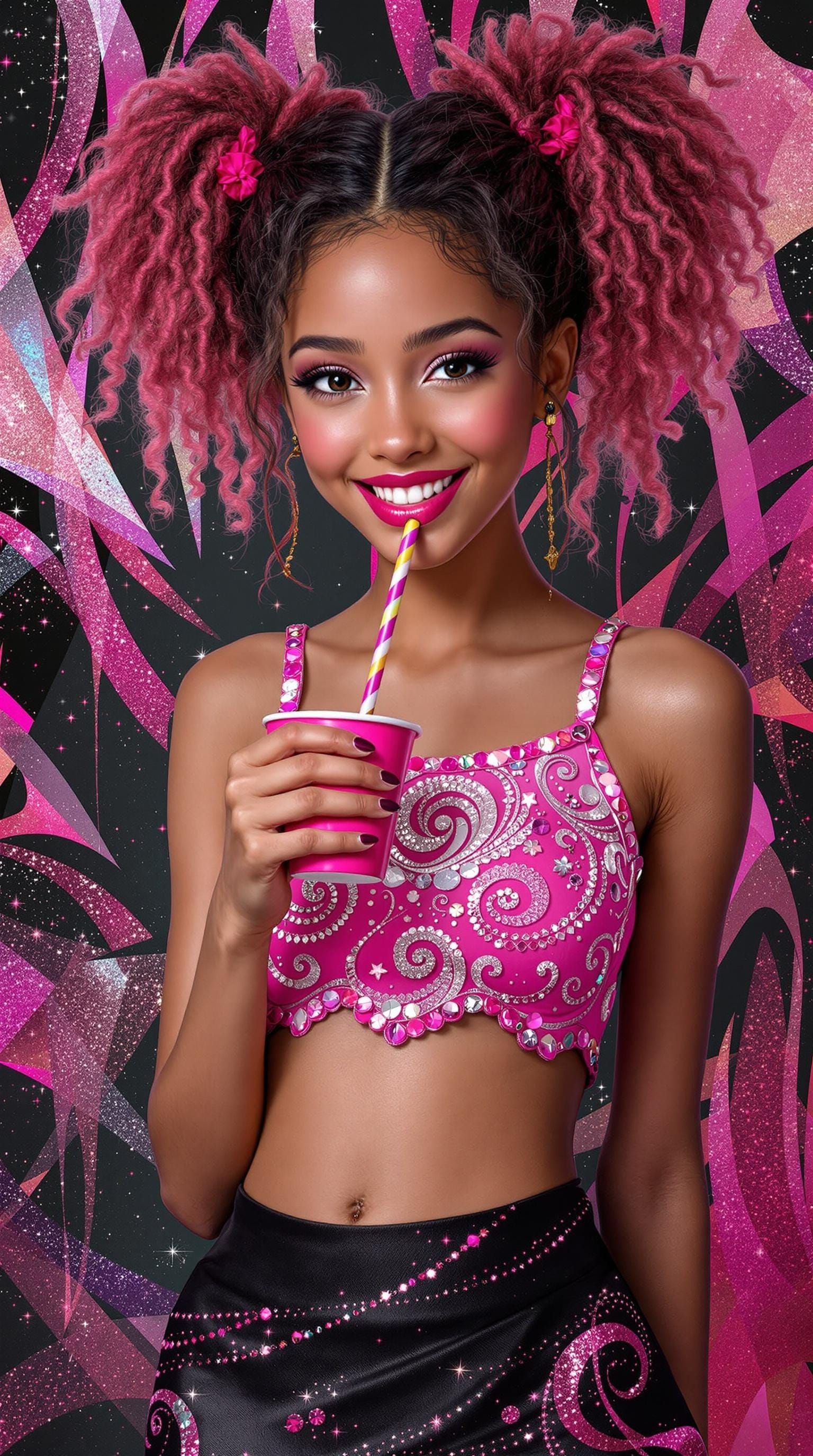 Young Goddess in Vibrant Pink and Black