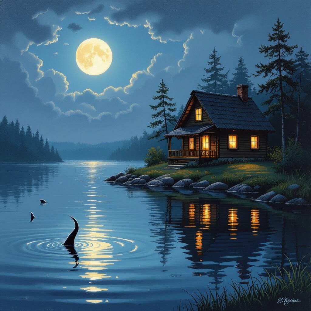 Serene Cabin by Lake with Horns, in Soft Style