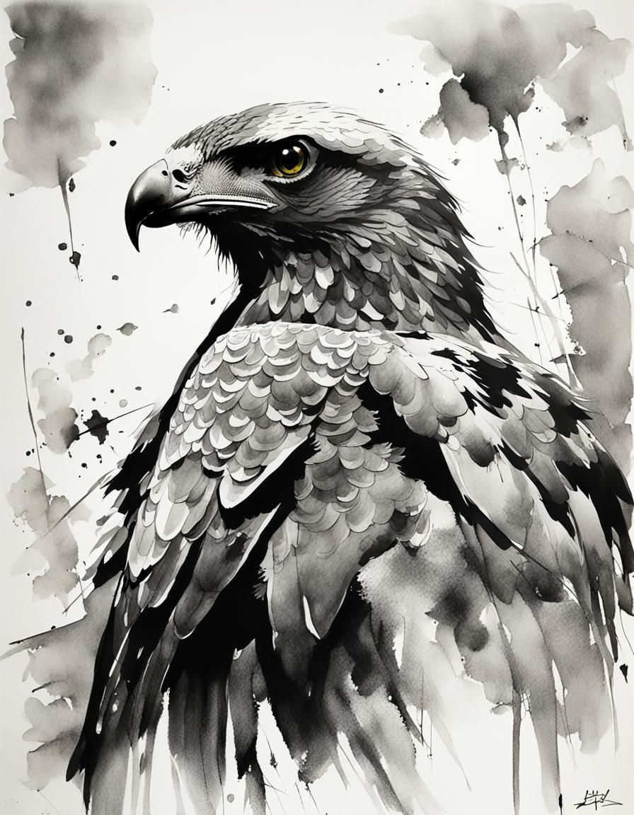 Detailed Sumi-e Style Buzzard Drawing