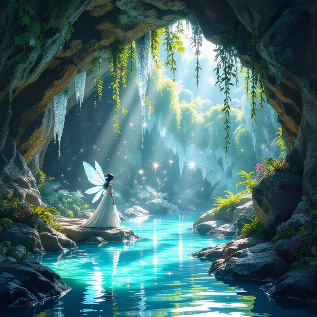 Crystal Fairy Grotto in Expansive Fantasy Landscape