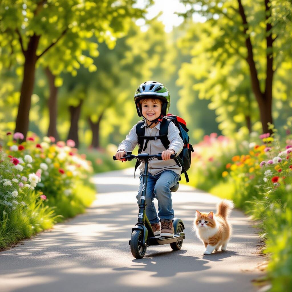 Boy on Scooter with Cat in Park, Realistic Photo