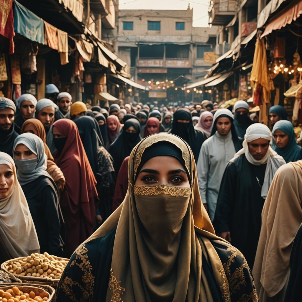 Beautiful Muslim Woman in Niqab in Crowded Market