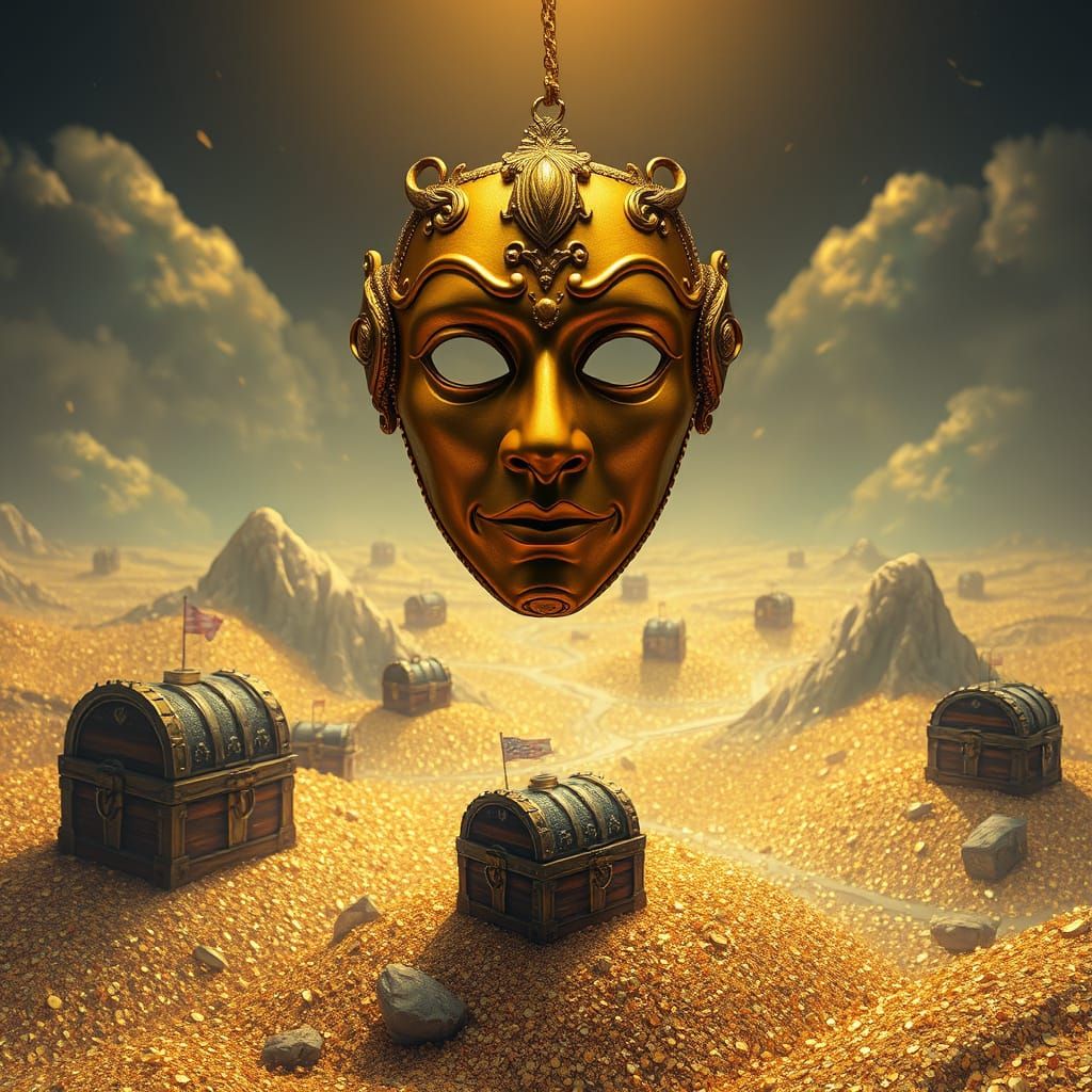 Golden Mask Floats in Surrealist Landscape