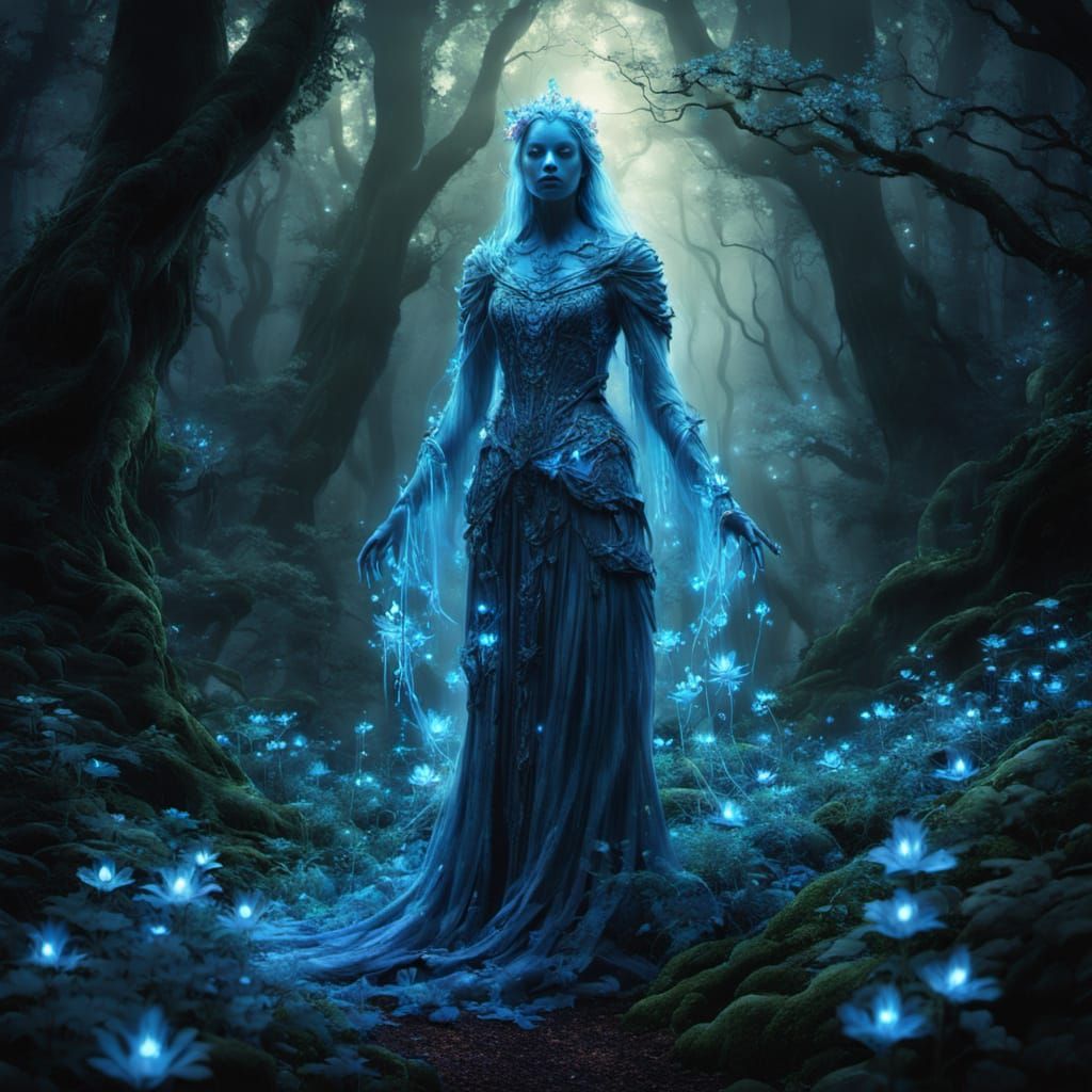 Ghostly Figure Basks in Enchanted Bioluminescent Bloom