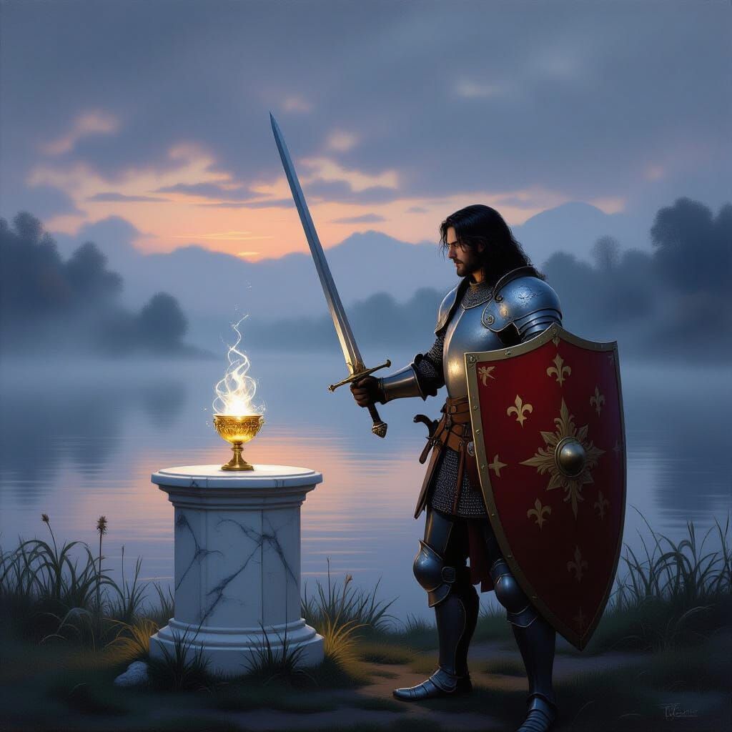 Valiant Knight and Golden Goblet in Romanticism Style