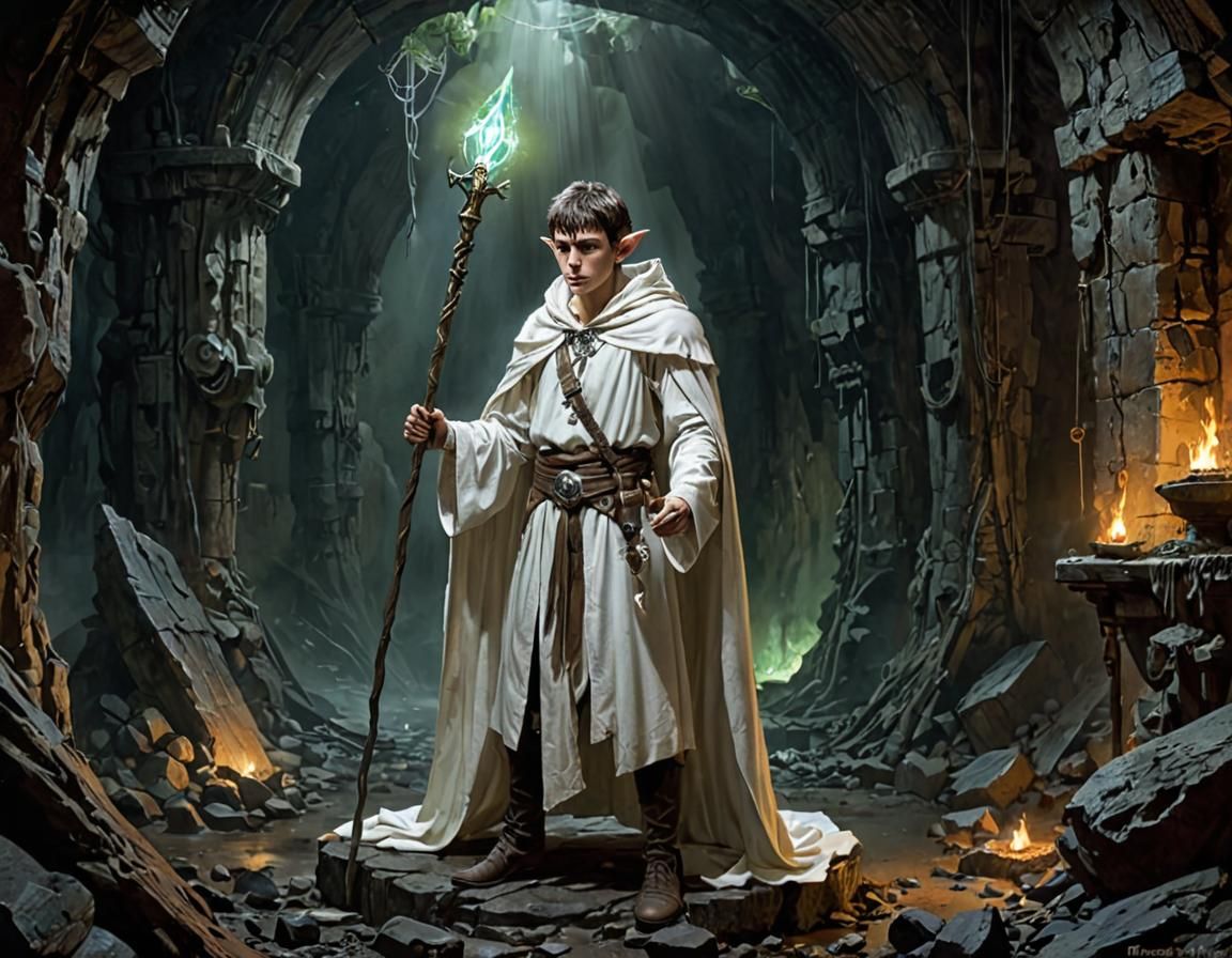 Elf Sorcerer in Abandoned Mine with Artifacts