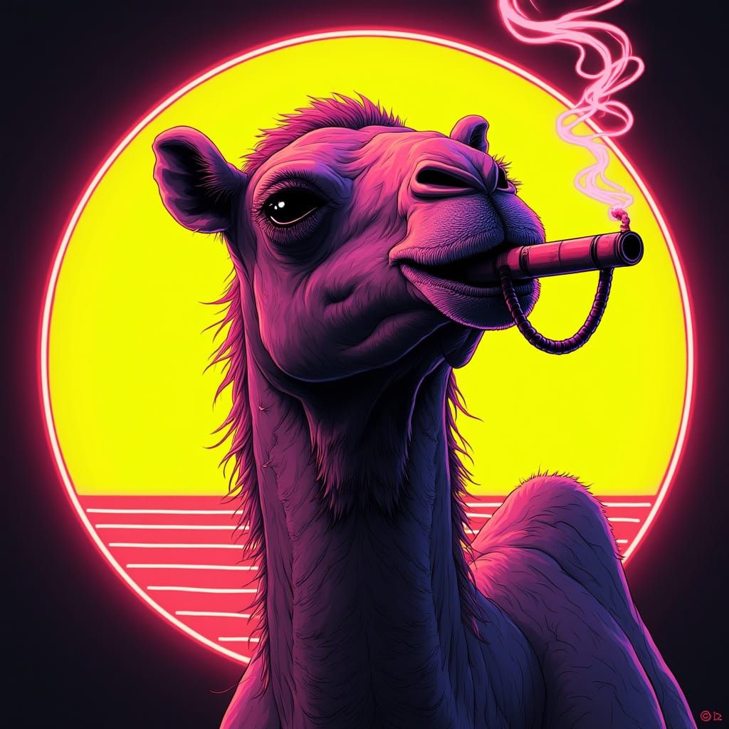 Cyberpunk Camel Icon in Bright Yellow and Purple Neon