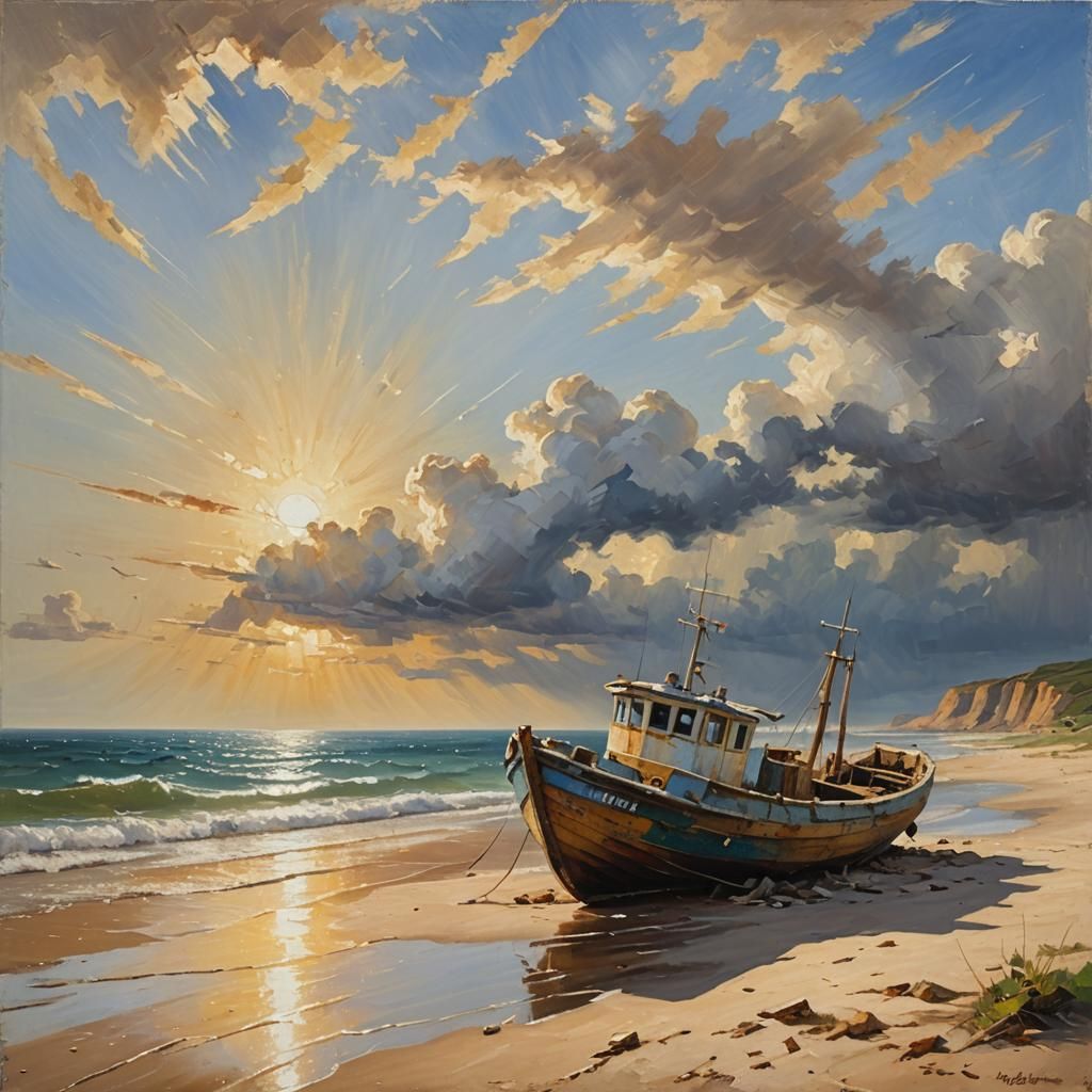 Impressionist Seascape with Fishing Boat on Shore