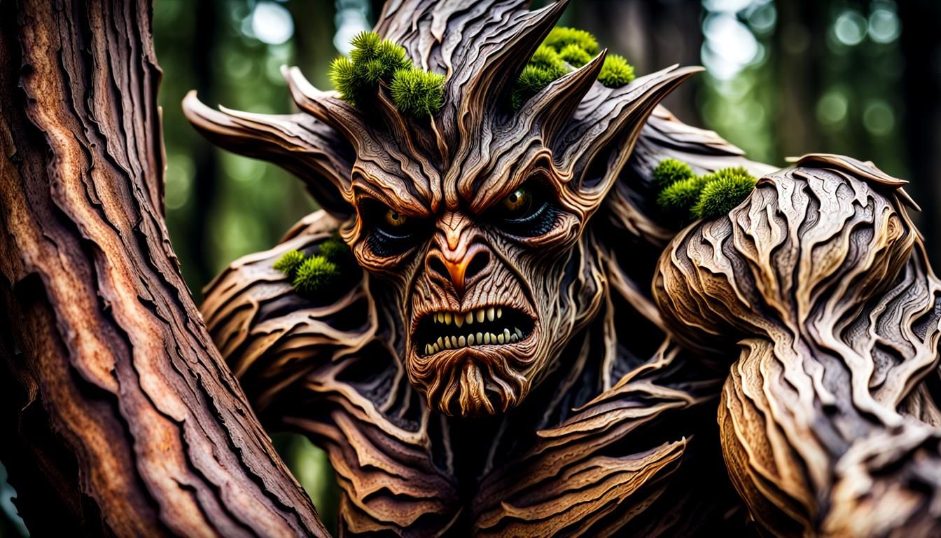 Hyperrealistic Tree Monster Portrait in Golden Forest