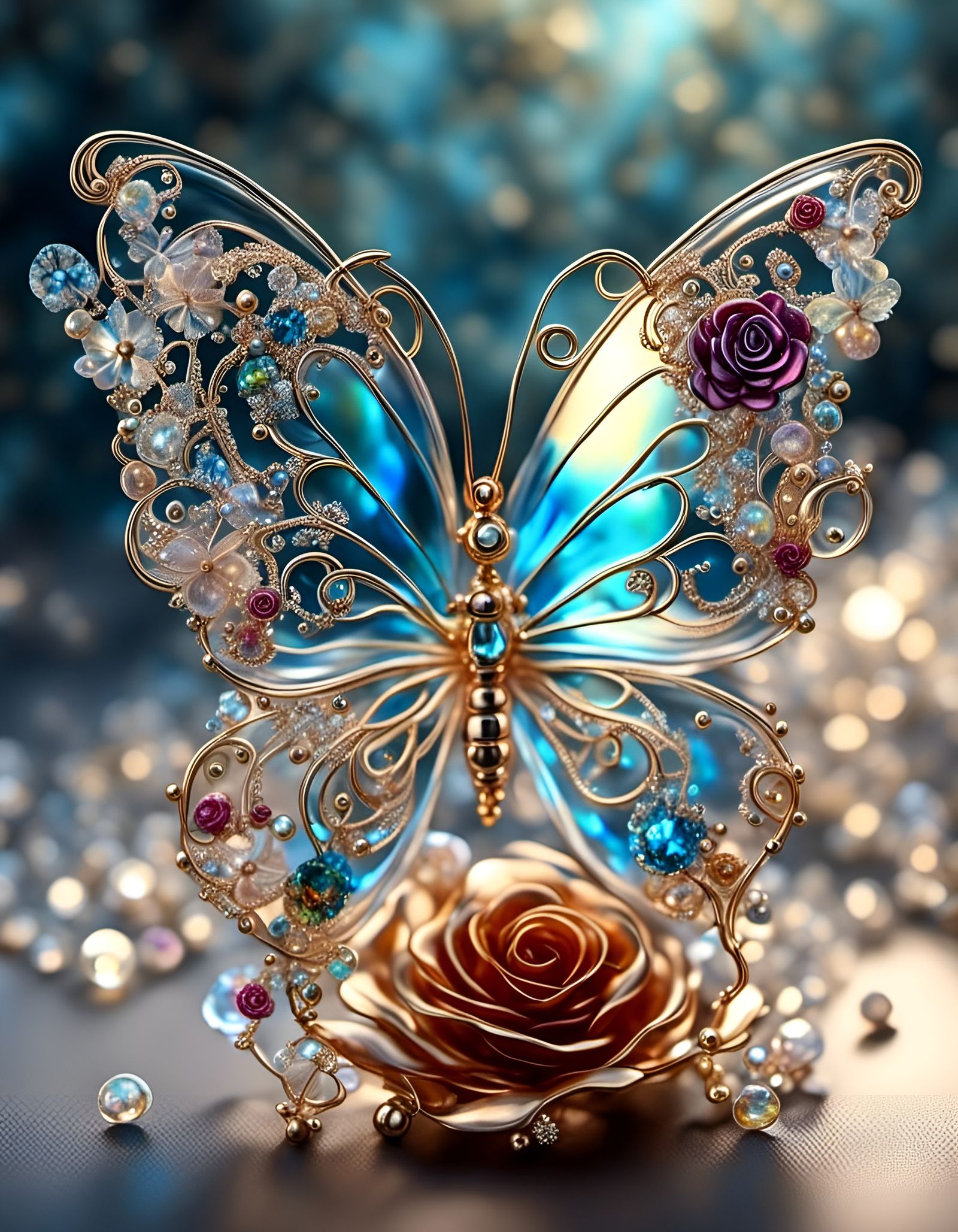 Iridescent Glass Butterfly on Rose, Hyperreal Detail