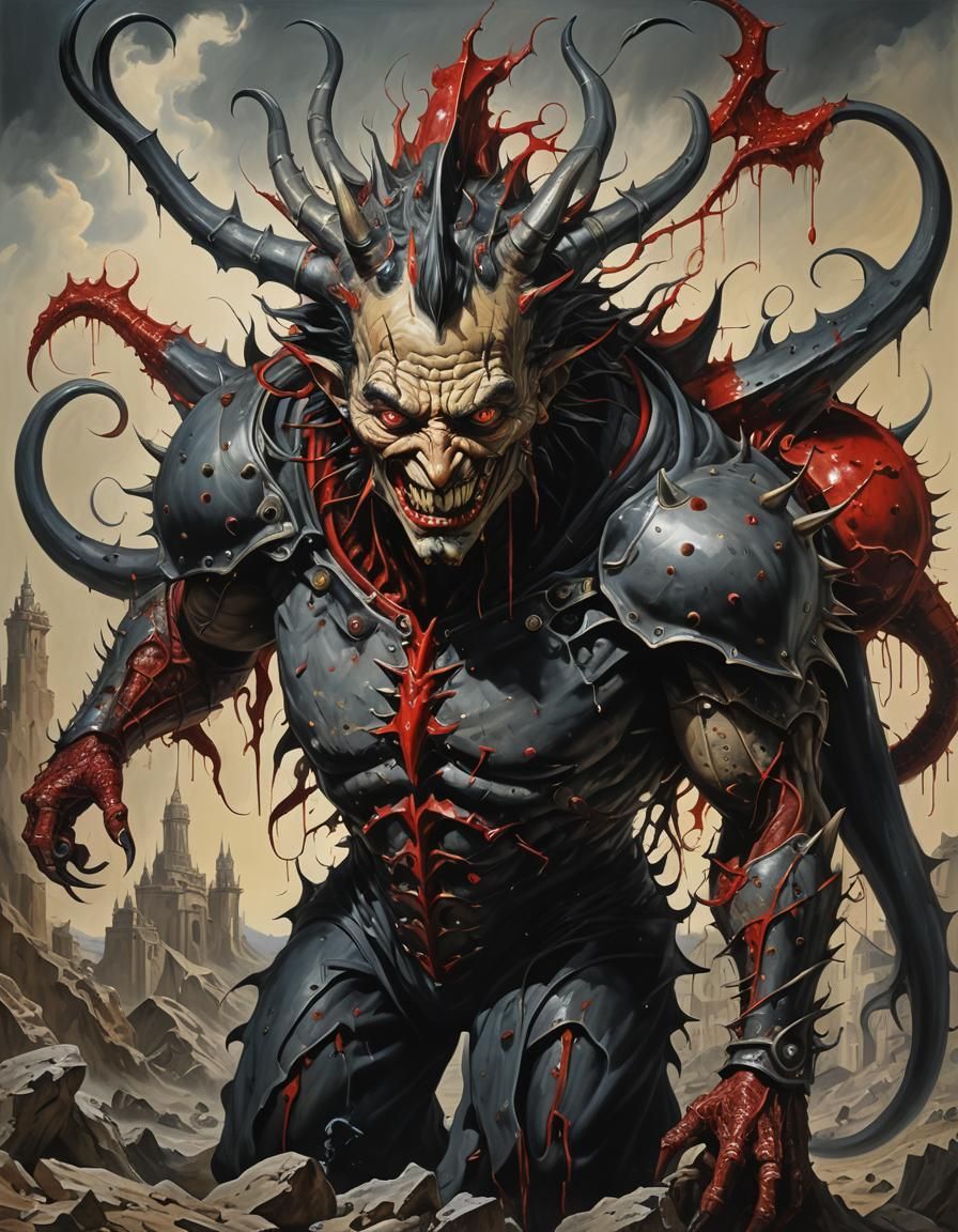 Grumpy Scaly Hero in Surreal Cubist Style