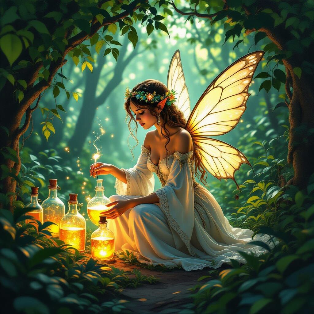 Bioluminescent Fairy Tending Potions in Hidden Grove