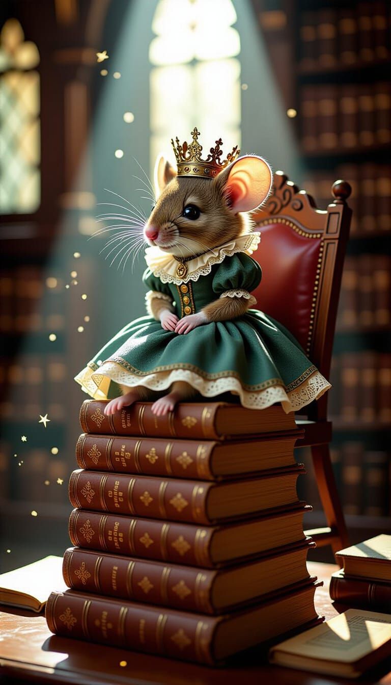 Punanthropomorphic Mouse in Steampunk Crown on Ancient Books
