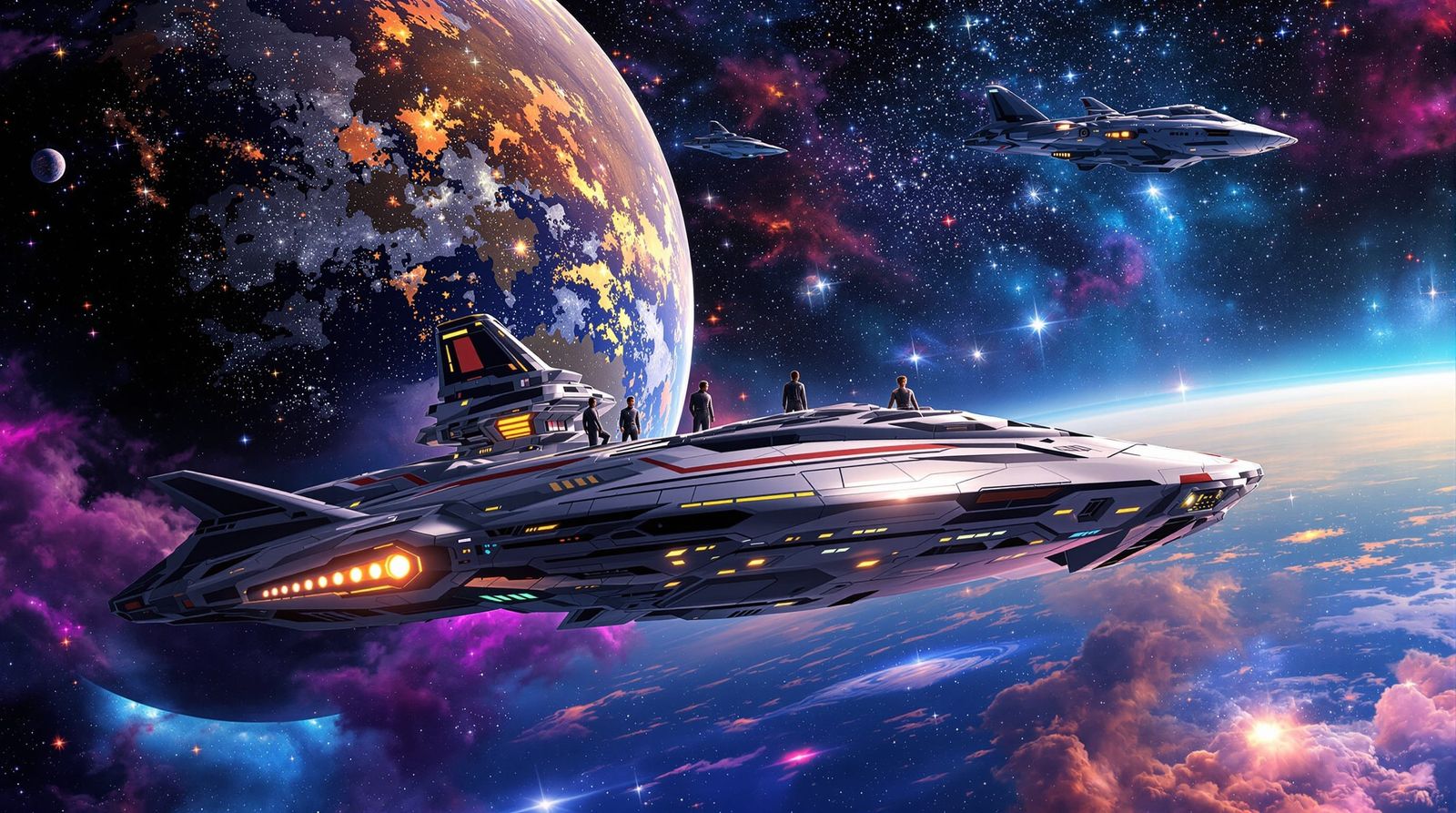 Diverse Crew Charts Unseen Galaxies on Spaceship