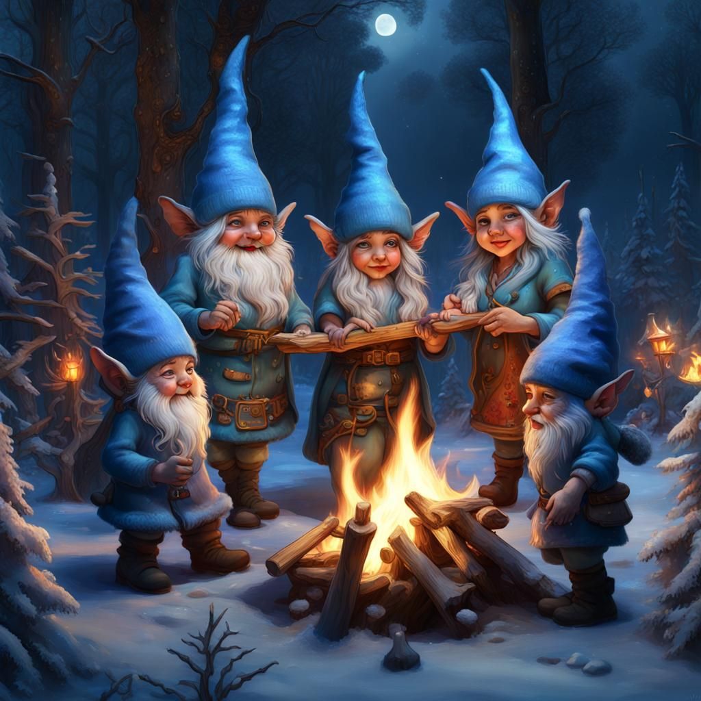 Gnome Women's Solstice Party in Forest, Digital Painting