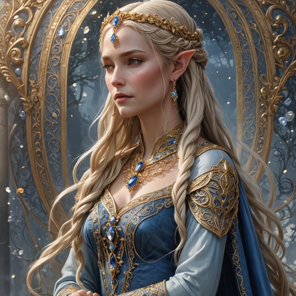 High Elven Queen in Gold and Blue Dress