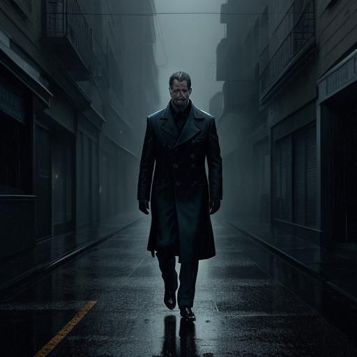 Intense Detective in Rainy City Alleyway, Film Noir Style