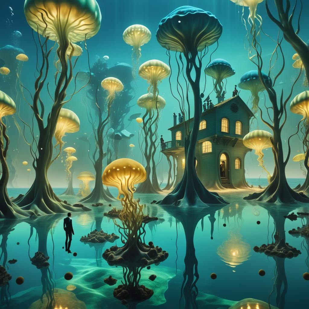 Surreal Underwater Scene Inspired by Salvador Dali