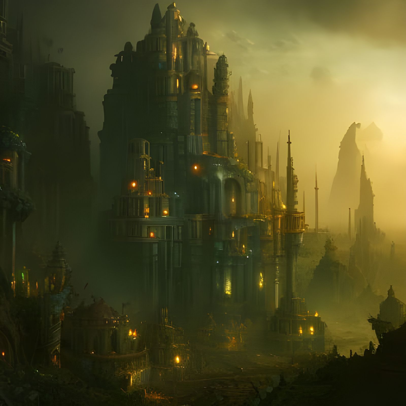 Dieselpunk Palace Overlooks Dystopian Cyberpunk City