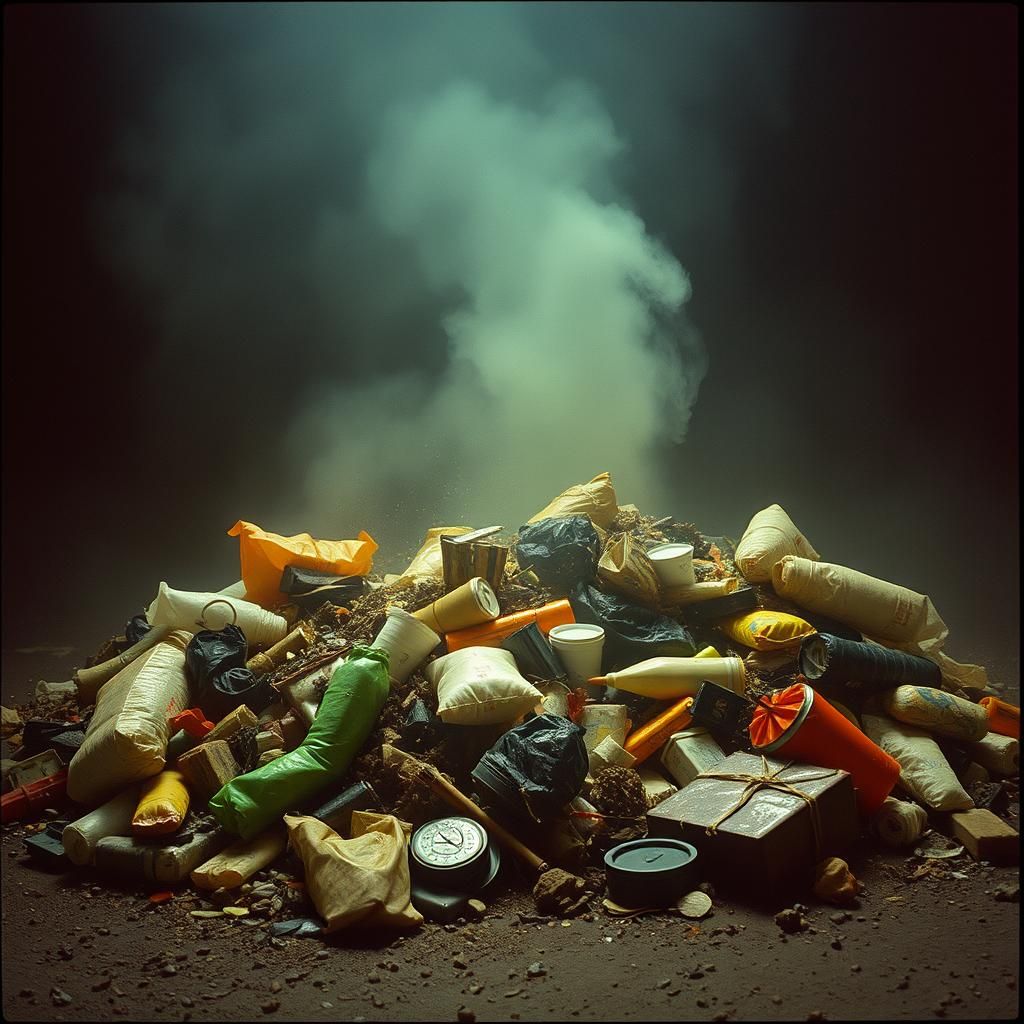 Artistic Cinematic Still of Steaming Garbage Pile