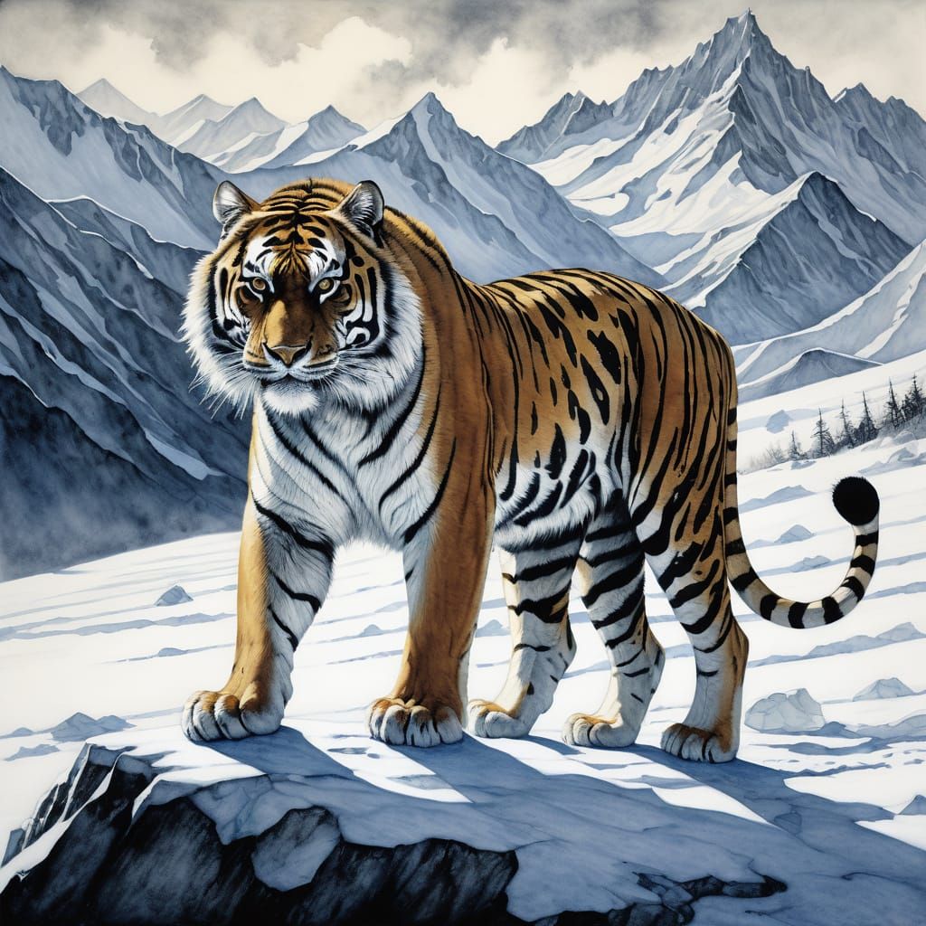 A majestic, large snow tiger with striking black and white fur stands powerfully in a stark monochrome landscape. The en...