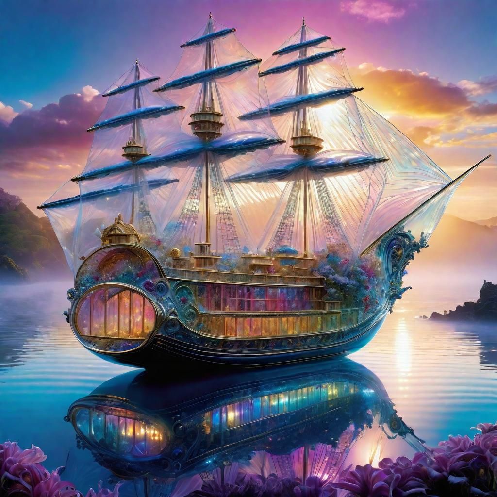 Ethereal Glass Ship in Dreamscape, Surreal Concept Art