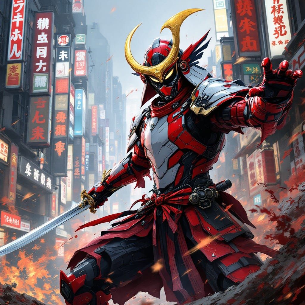 Cyberpunk Samurai in Dark Fantasy Tokyo