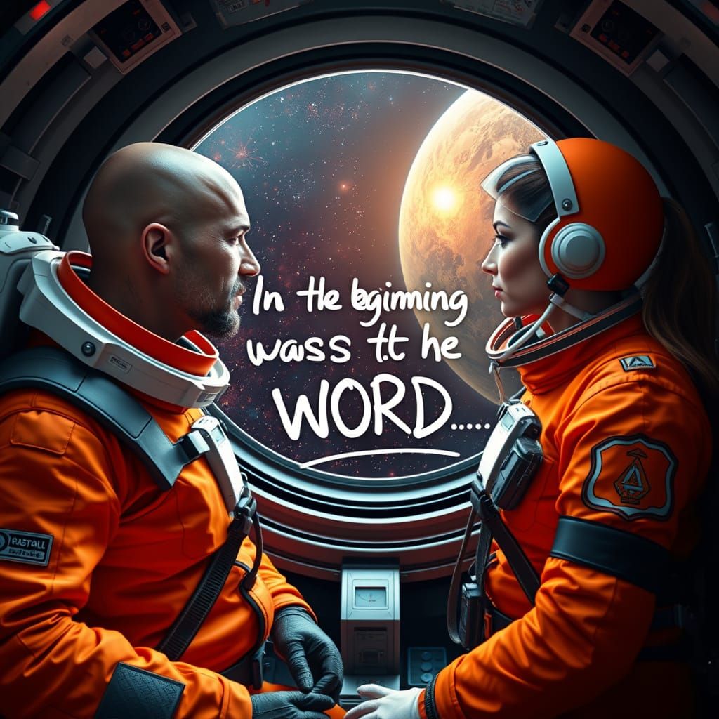 Astronauts in Futuristic Orange Space Suits, Exploring Cosmi...