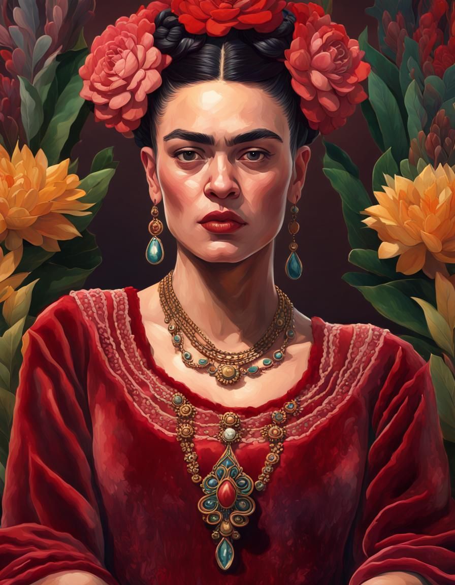 Intricate Portrait of Frida Kahlo in Red Velvet Dress