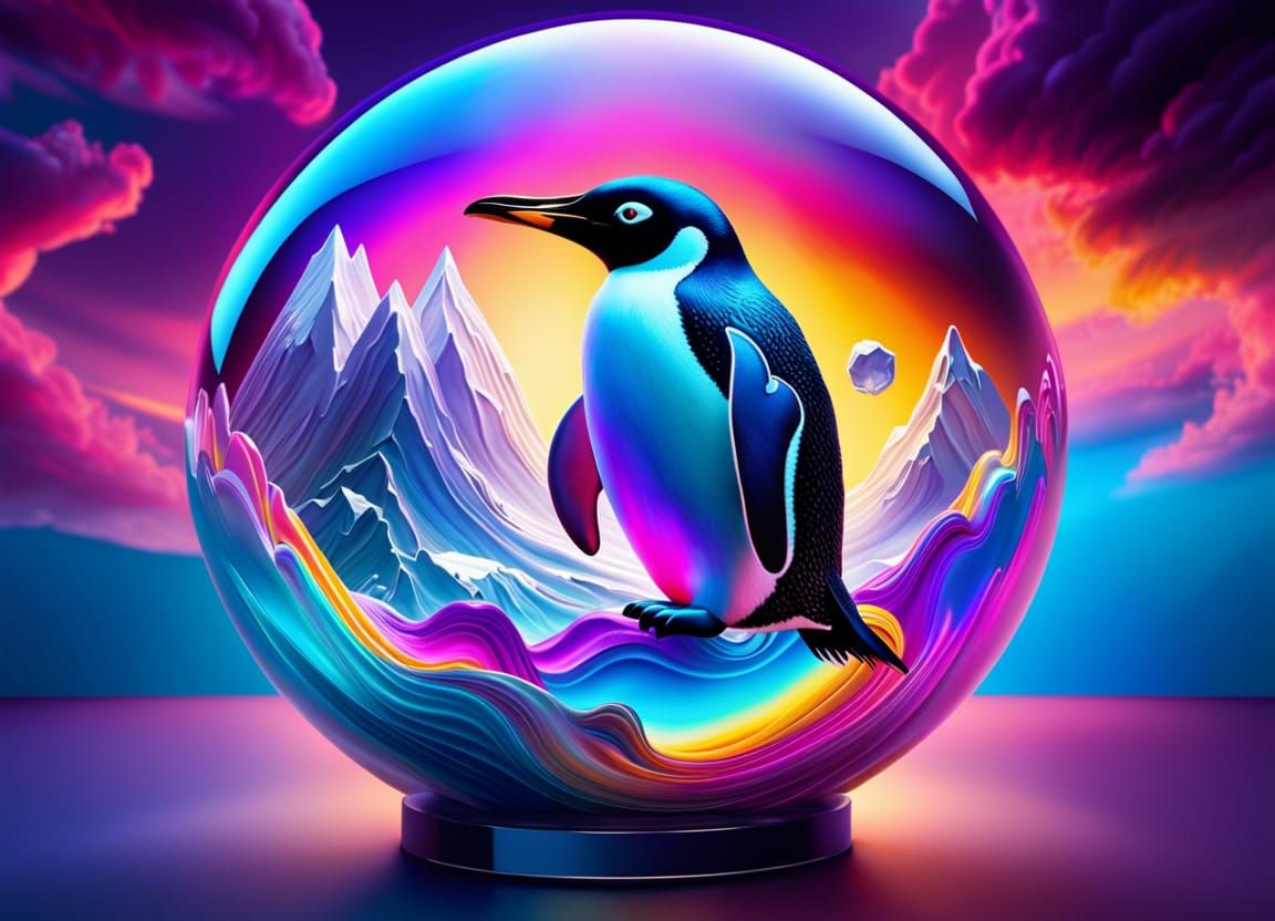 Ethereal Penguin Inside Glass Sphere in 3D