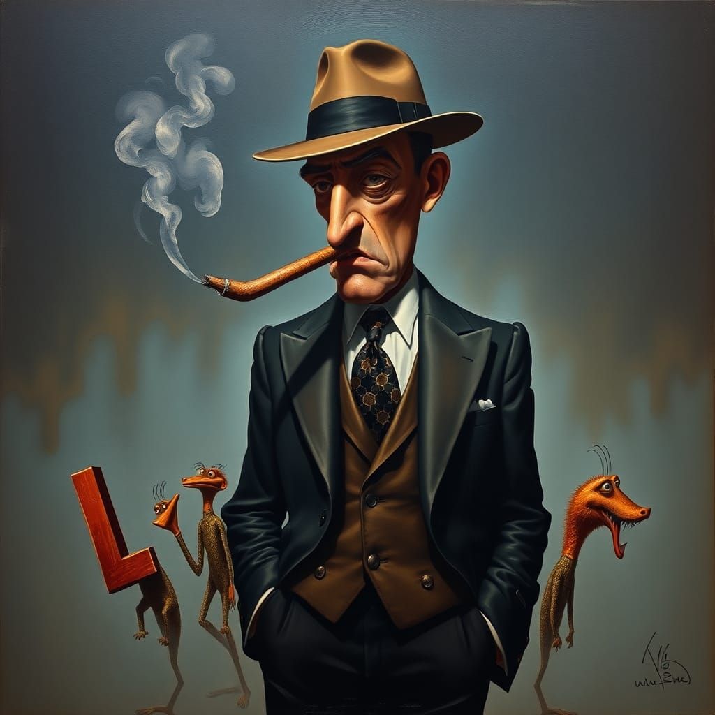 An anthropomorphic upper case  letter Y wearing a gangster s...