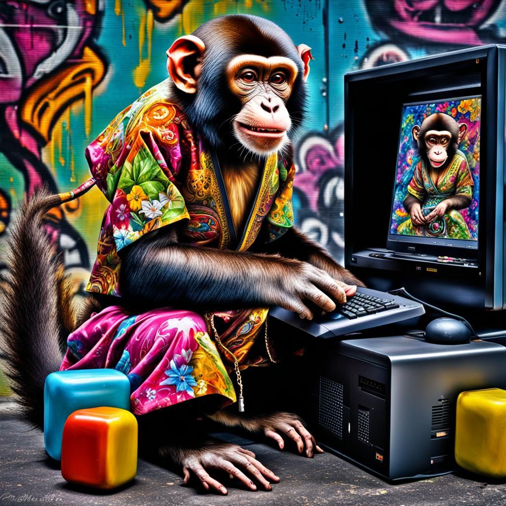 Monkey Gamer in Graffiti Street Art Style