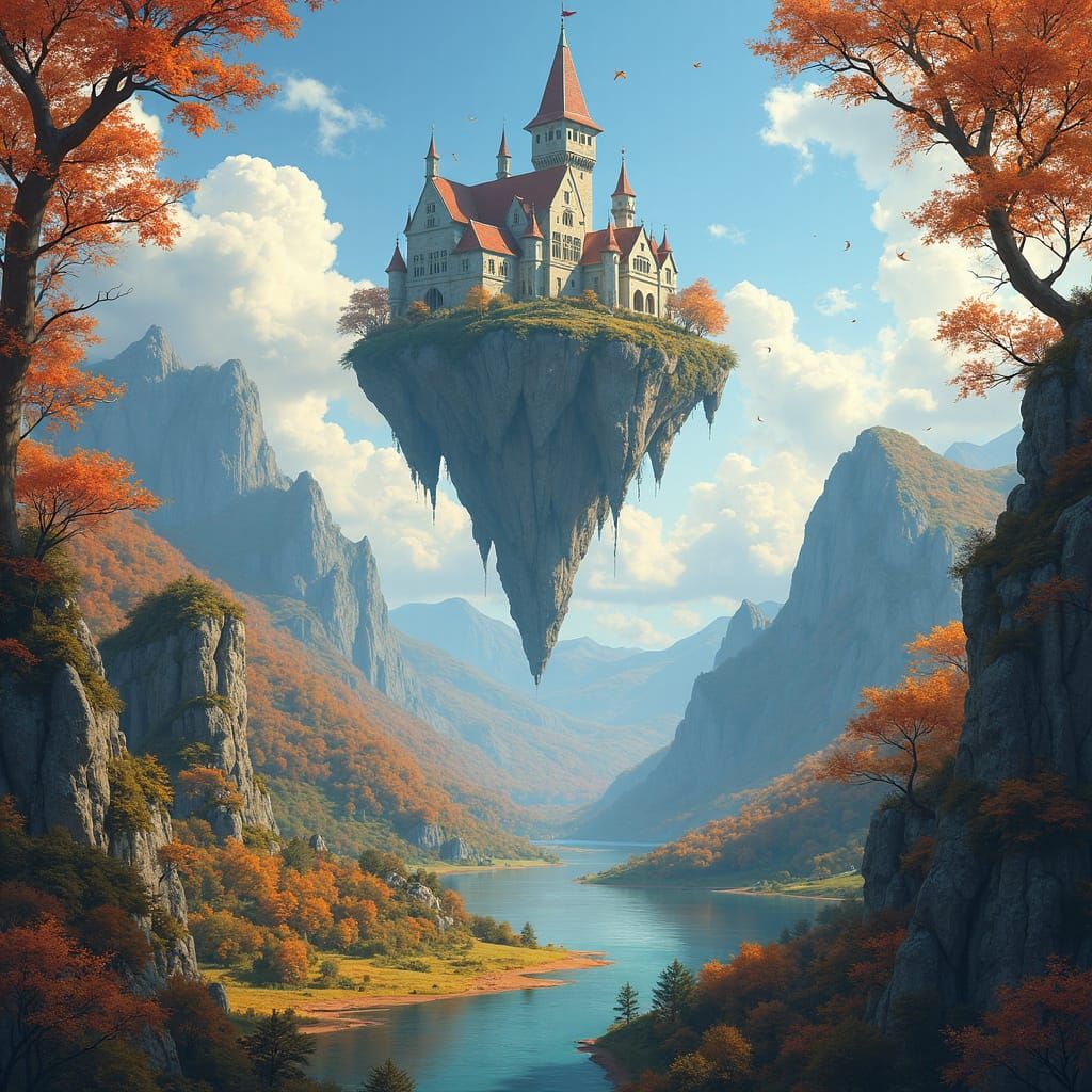 Floating Castle in Autumn Fantasy Landscape