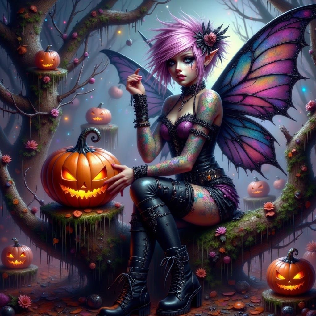 Fairy Punk with Iridescent Wings in Autumnal Forest